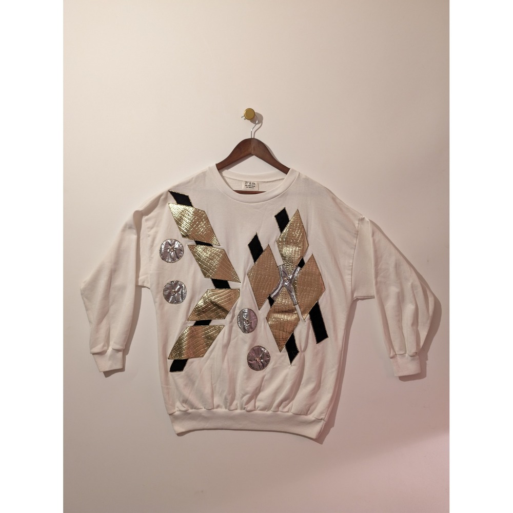 Trisha Sweatshirt Womens M White Excellent Vintage 80s Metallic Geometric Retro